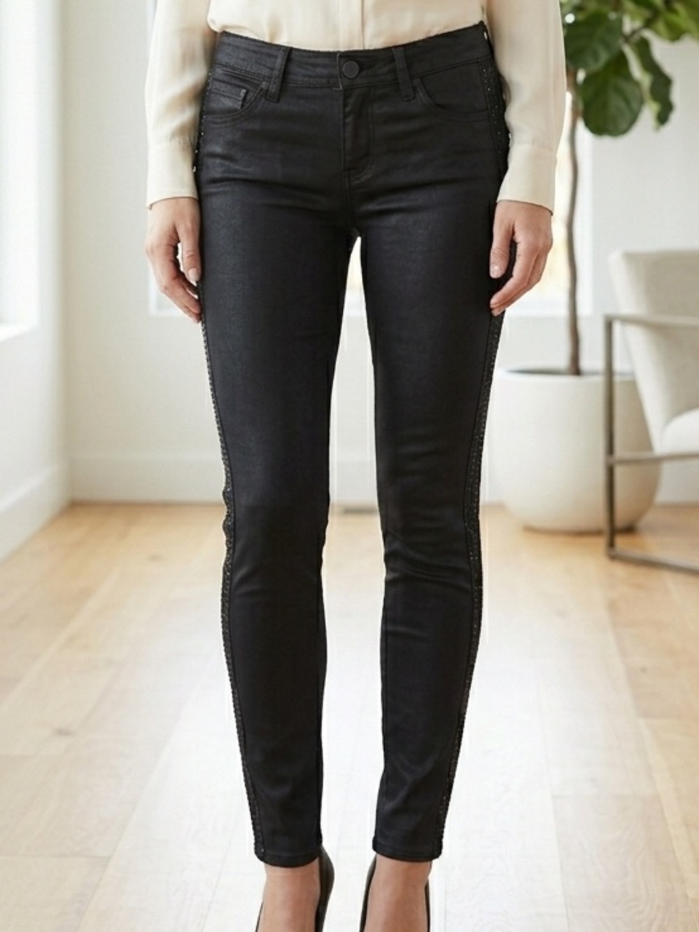 Bebe Black Rhinestone Side Stripe Skinny Jean 26 Studded Glam Stretch Slim Denim
